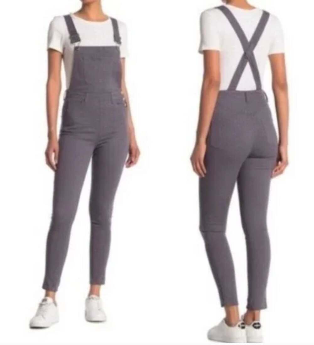 WE WORE WHAT Gray L Denim Overalls Cotton Suspender Button High Rise Skinny Leg